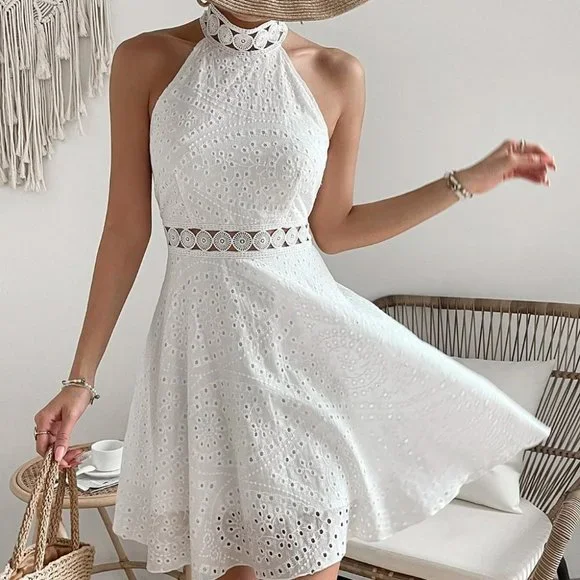 how to dress from the 2000s Round Neck Eyelet Loose A-Line Sleeveless Mini Dress, Small 4-6 / Blue